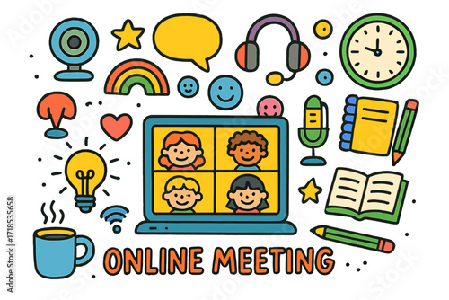 Playful Online Meeting Icons. Colorful Hand-drawn doodle Children illustration Online Meeting [laptop, webcam, microphone, headphones, coffee mug, clock,