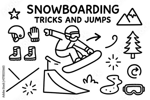 Snowboarding Doodle Art. Hand-drawn doodle illustration [Snowboarding tricks and jumps] [snowboard, jump ramp, star, helmet, gloves, boots, slope line, action