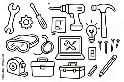 Tool Doodle Icons. Hand-drawn doodle illustration Maker Tools wrench, screwdriver, drill, hammer, gear, blueprint, laptop, lightbulb, goggles, wire, switch,