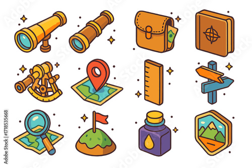 Colorful Explorer Icons. Colorful isometric vector icons set of Explorer tools and navigation: brass telescope, folding spyglass, leather map pouch, explorer?s