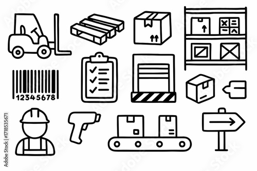 Warehouse Doodle Icons. Hand-drawn doodle illustration Warehouse Operations forklift, pallet, box, shelf, barcode, clipboard, checklist, loading dock, crate,