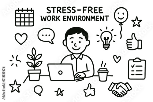 Stress-Free Work Icons. Hand-drawn doodle illustration Stress-free work environment Employee, plant, desk, laptop, coffee cup, heart, calendar, thumbs up,