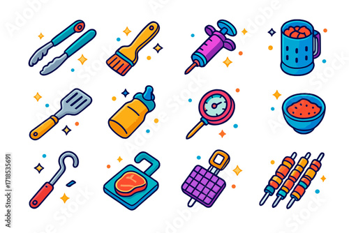 Steak Utensils Icon Set. Colorful isometric vector icons set of Steak Preparation Utensils: grilling tongs, marinade brush, meat injector, charcoal chimney,