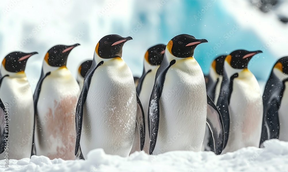 Fototapeta premium Emperor penguins standing in a row on snow