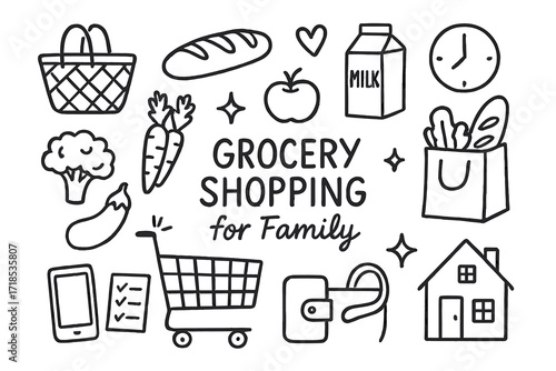 Family Grocery Doodles. Hand-drawn doodle illustration Grocery Shopping for Family [basket, grocery cart, bread, milk carton, fruit, vegetables, heart, clock,