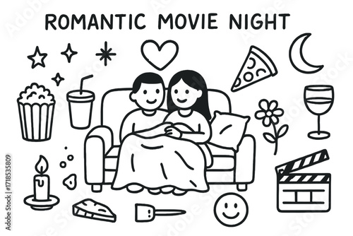 Romantic Movie Night Doodles. Hand-drawn doodle illustration Romantic movie night [couch, popcorn, soda, heart, blanket, pillow, couple, stars, moon, candle,