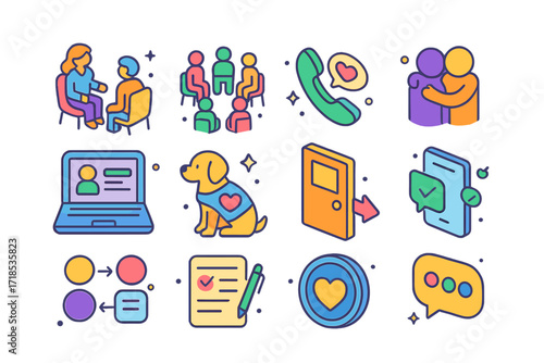 Anxiety Support Icons. Colorful isometric vector icons set of support systems for anxiety: therapy session icon, support group circle, helpline phone, friend