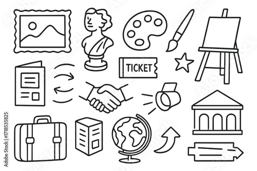Art Exhibition Doodle Icons. Hand-drawn doodle illustration Art fairs and exhibitions [gallery frame, sculpture, palette, paintbrush, easel, ticket, brochure,