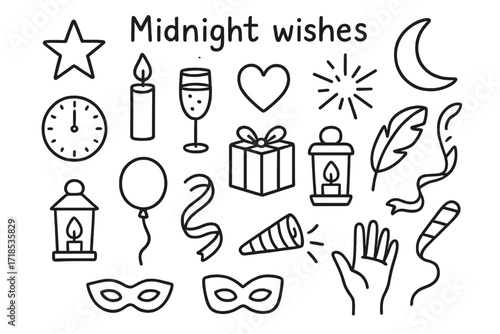 Midnight Wishes Doodles. Hand-drawn doodle illustration Midnight wishes [star, moon, candle, heart, spark, clock, champagne glass, gift box, feather, lantern,