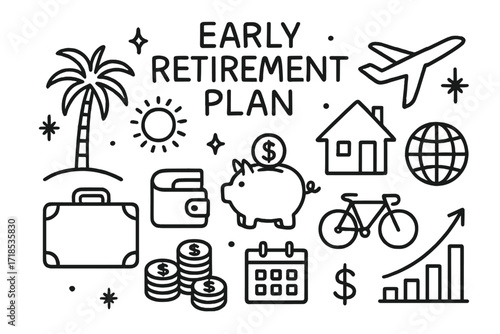 Retirement Doodle Icons. Hand-drawn doodle illustration Early retirement plan palm tree, sun, suitcase, wallet, piggy bank, coins, calendar, house, bicycle,