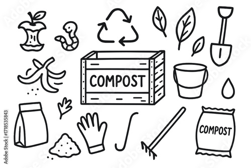 Composting Essentials Doodle. Hand-drawn doodle illustration Composting compost bin, food scraps, leaves, worms, apple core, banana peel, shovel, bucket,