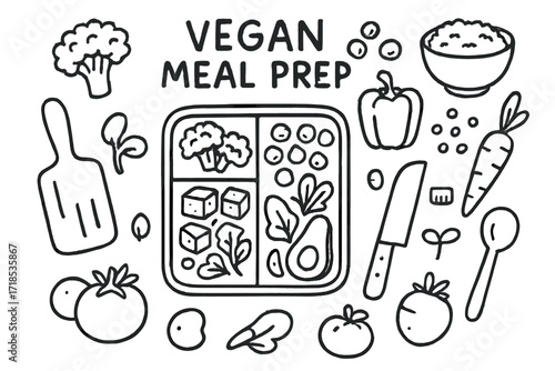 Vegan Meal Prep Doodles. Hand-drawn doodle illustration vegan meal prep lunchbox, cutting board, broccoli, chickpeas, tofu block, bell pepper, rice bowl,