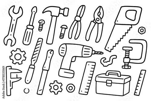 Cartoon Tool Icons. Hand-drawn doodle illustration repair tools wrench, screwdriver, hammer, pliers, saw, drill, file, chisel, clamp, nut, bolt, toolbox, gear,