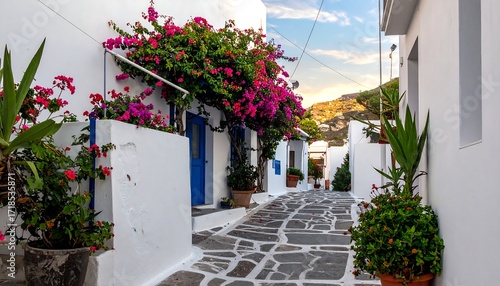 Fototapeta Naklejka Na Ścianę i Meble -  Whitewashed alleyway with vibrant flowers