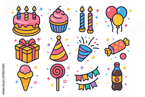 Colorful Birthday Icons. Birthday Party. Colorful isometric vector icons set of Birthday Party: birthday cake, cupcake, candles, balloons, gift box, party hat,