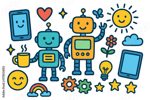 Robot-Enhanced Daily Life. Colorful Hand-drawn doodle Children illustration Robots in Daily Life robot, smartphone, tablet, coffee mug, heart, sparkles,