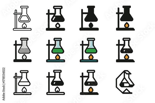 Colorful Flask Logos. Set Logo of Flasks: Flask on lab stand with burner. Logo set in vector style, emblematic variations. line, bold thick line, solid black