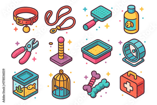Colorful Pet Care Icons. Pet Care. Colorful isometric vector icons set of Pet Care: dog collar, leash, grooming brush, shampoo bottle, nail clippers,