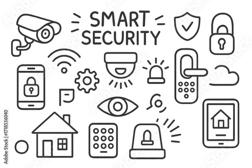 Smart Security Doodle Icons. Smart Security. Hand-drawn doodle illustration smart security camera, motion sensor, door lock, alarm, shield, WiFi symbol,