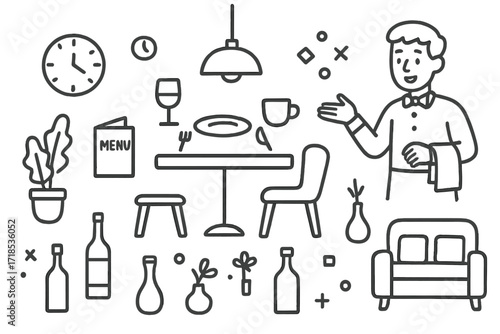 Modern Restaurant Doodle. Hand-drawn doodle illustration [Modern restaurant vibe] [table, chairs, hanging lamp, plate, cup, cutlery, wine glass, menu, clock,
