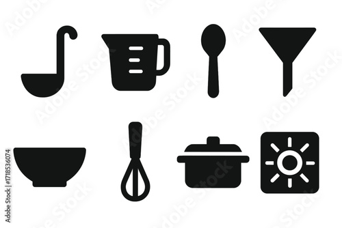 Syrup Kitchen Icon Set. Solid, filled icon set of syrup kitchen tools: ladle, measuring cup, spoon, funnel, mixing bowl, whisk, pot, stove burner. Solid,