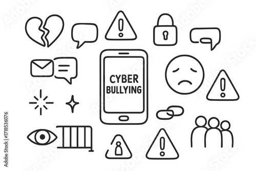 Cyberbullying Symbol Doodles. Hand-drawn doodle illustration Cyberbullying smartphone, sad face, broken heart, speech bubble, lock, exclamation mark, chain,
