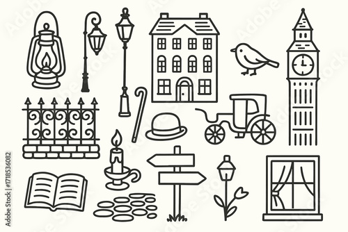 Victorian Street Doodles. Hand-drawn doodle illustration Old-fashioned lanterns [gas lamp, wrought iron lamp post, Victorian building, clock tower, ornate