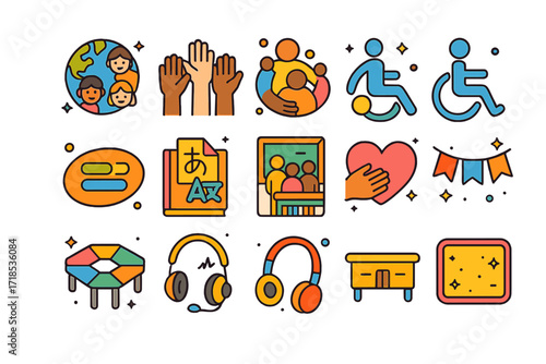 Diverse Classroom Icons. Colorful isometric vector icons set of Classroom diversity and inclusion: globe with kids, raised hands of different skin tones,