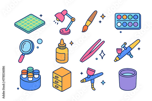 Colorful Hobby Desk Icons. Hobby desk. Colorful isometric vector icons set of hobby desk: cutting mat, lamp, paintbrush, paints, magnifying glass, glue,