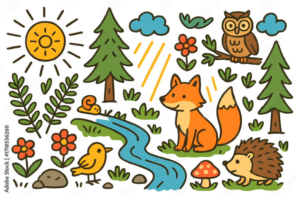 Obraz premium Whimsical Forest Morning. Colorful Hand-drawn doodle Children illustration Forest morning light [sunrise, pine tree, owl, fox, stream, fern leaf, flower, rock,