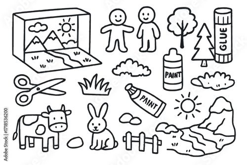 Diorama Creation Doodles. Hand-drawn doodle illustration [building a diorama] shoebox, clay figures, trees, mountains, sky backdrop, glue stick, paint tube,