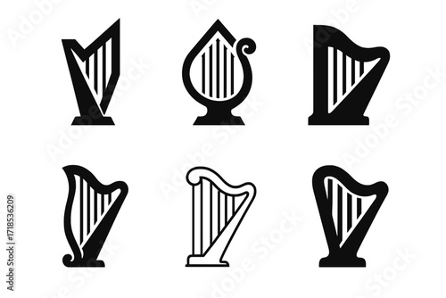 Harp Emblem Variations. relaxing music. Set Logo of relaxing music: harp silhouette. harmonious logo variations of the same emblematic concept, each with