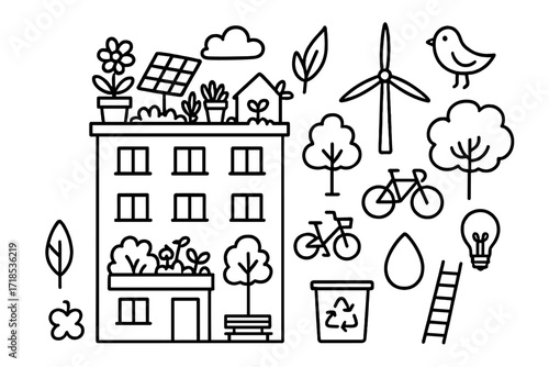 Eco-Friendly Rooftops Doodle. Hand-drawn doodle illustration Green rooftops building, rooftop garden, flower pot, leaf, solar panel, wind turbine, tree,
