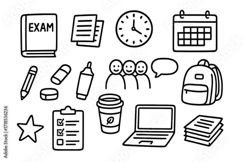 Exam Prep Essentials. Hand-drawn doodle illustration exam preparation books, notes, clock, calendar, pencil, eraser, highlighter, backpack, coffee cup, group