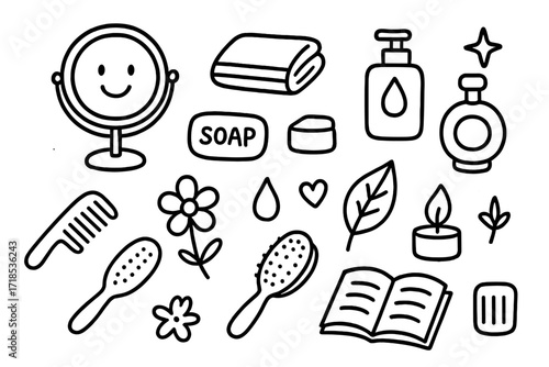 Self-Care Essentials Doodle. Hand-drawn doodle illustration self-care mirror, smiling face, towel, soap bar, lotion bottle, perfume, flower, leaf, candle,
