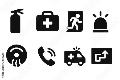 Emergency Icon Grid. Solid, filled icon set of emergency security: fire extinguisher, first aid kit, emergency exit, siren, smoke detector, emergency phone,