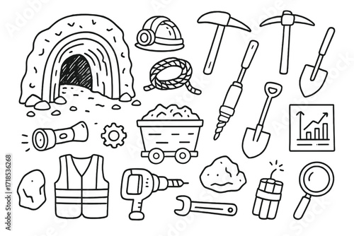 Underground Mining Essentials. Hand-drawn doodle illustration Underground mining tunnel, helmet, pickaxe, shovel, drill, ore cart, flashlight, rope, safety