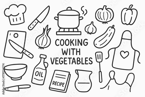 Vegetable Cooking Doodle. Hand-drawn doodle illustration Cooking with Vegetables chopping board, kitchen knife, pot, stove, steam line, onion, garlic, pepper,