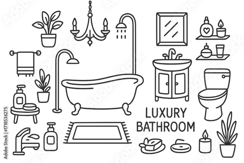 Luxury Bathroom Doodles. Luxury Bathroom. Hand-drawn doodle illustration luxury bathroom bathtub, chandelier, sink, faucet, mirror, towels, plants, perfume