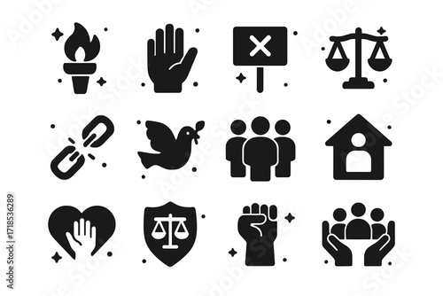 Human Rights Icons. Human Rights. Solid icons set of freedom torch, open hand, protest sign, equality scale, broken chain, peace dove, diverse group, safe