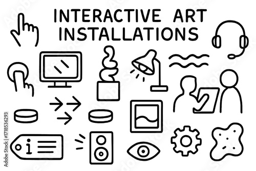 Interactive Art Icons. Hand-drawn doodle illustration [interactive art installations] [hand icon, digital screen, headset, sculpture, spotlight, button,