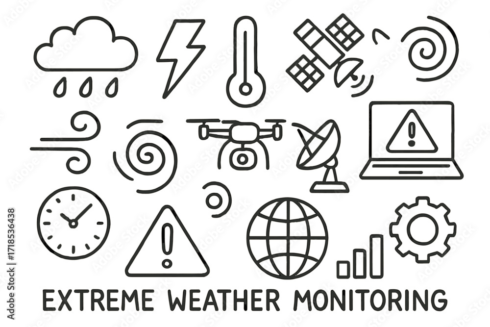 Fototapeta premium Weather Monitoring Icons. Hand-drawn doodle illustration Extreme weather monitoring storm cloud, lightning bolt, raindrop, thermometer, wind swirl, hurricane