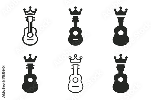Guitar Logo Variations. music legend. Set Logo of music legend: guitar with crown. harmonious logo variations of the same emblematic concept, each with