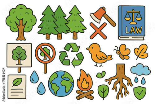 Protect Forests Doodle. Colorful Hand-drawn doodle Children illustration Protecting forests policies tree, forest, axe with cross, protest sign, recycling