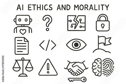 AI Ethics Doodle. Hand-drawn doodle illustration AI Ethics and Morality scale, robot with heart, question mark, broken circuit, padlock, document, code