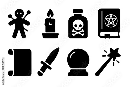 Curse Implements Icons. Solid, filled icon set of curse implements: voodoo pins, black candle, poison bottle, cursed book, spell scroll, ritual knife, crystal