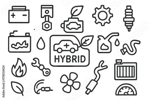 Hybrid Car Engine Doodle. Hand-drawn doodle illustration hybrid car engine battery, motor, piston, spark plug, gear, oil can, crankshaft, cylinder, flame, fuel