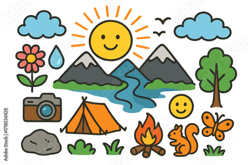 Colorful Sunrise Doodle. Colorful Hand-drawn doodle Children illustration Sunrise over mountains sun, mountain silhouette, clouds, birds, dew drop, flower,