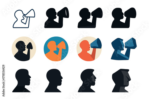 Motivational Megaphone Logos. Set Logo of Inspirational quotes and motivational ideas: silhouette shouting into megaphone. Logo set in vector style, emblematic