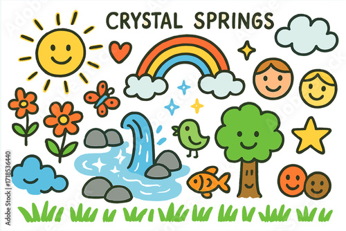 Joyful Nature Doodle. Colorful Hand-drawn doodle Children illustration Crystal Springs clear water, rocks, rainbow, sun, sparkles, heart, flower, butterfly,